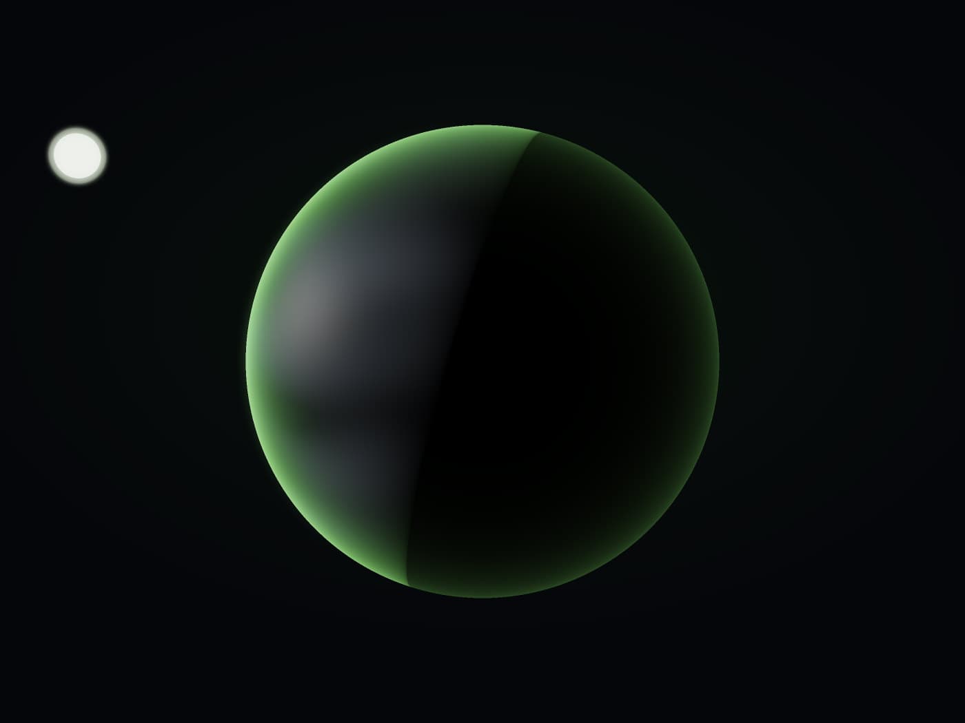 A world in shadow with one bright crescent along its edge, lit entirely by a small star off to the side. It gives off no light of its own.