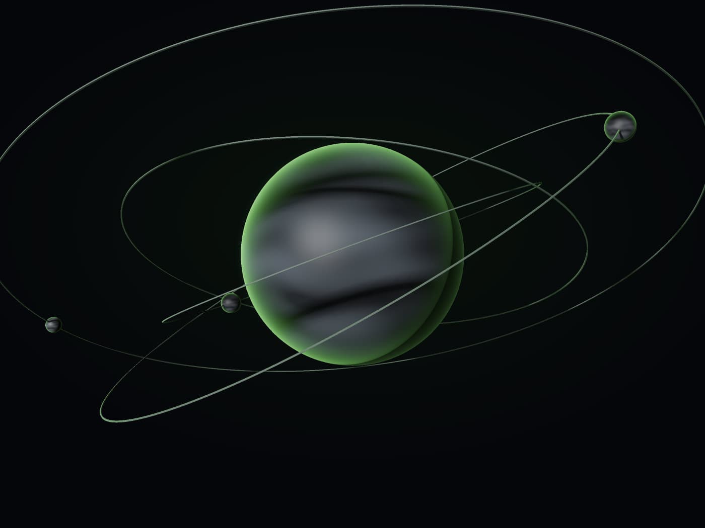 A dark world with a green atmosphere, lit from one side, with four small bodies each travelling its own separate orbit around it.