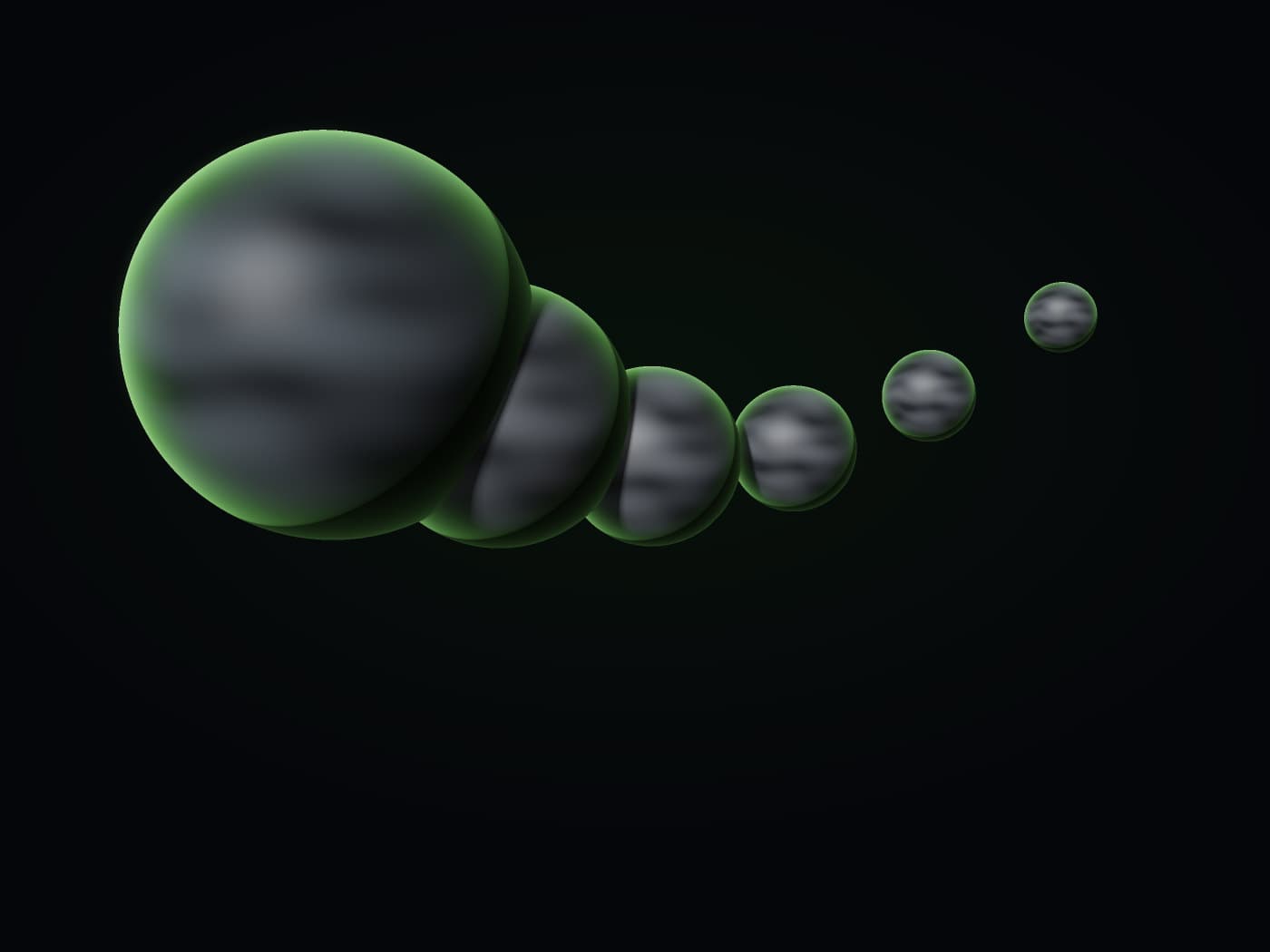 One large world followed by five progressively smaller ones along a curve, so no single body carries the size of the first.